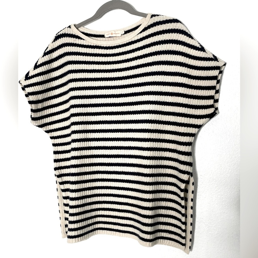 Tory Burch Nautical Boat Neck Navy Cream Striped Short Sleeve Sweater. Small